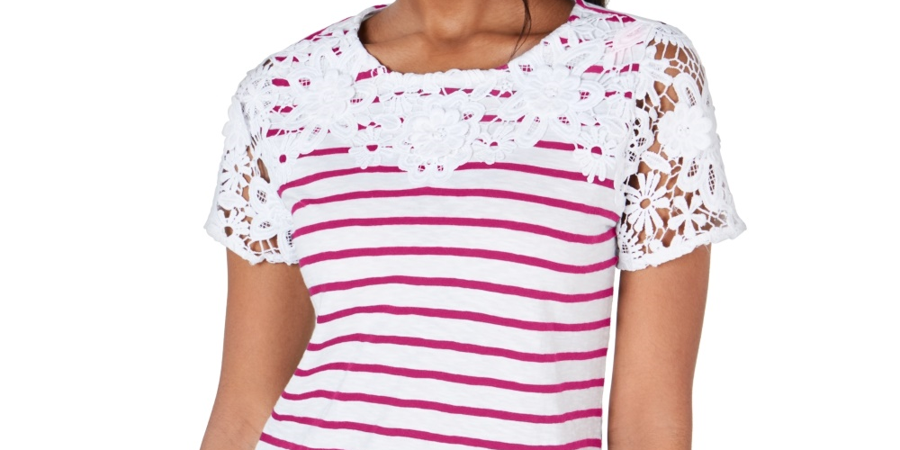 Charter Club Women's Cotton Crochet Striped Top  Pink Size X-Large
