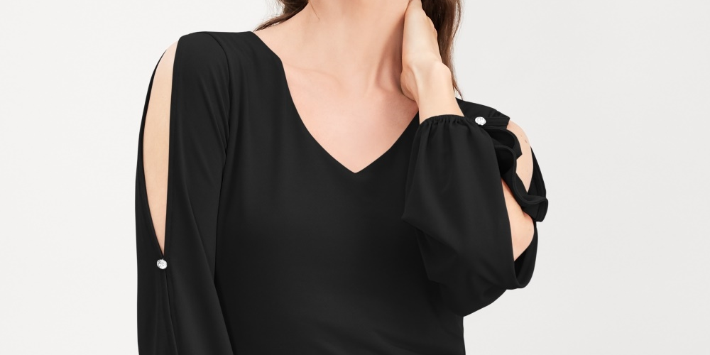 INC International Concepts Women's Split Sleeve Rhinestone Button Top Black Size PL