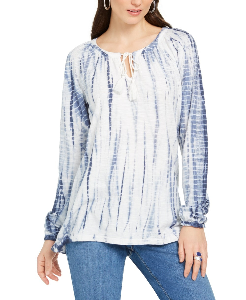 Style & Co Women's Tie-Dyed Bubble-Sleeve Peasant Top Blue Size X-Small