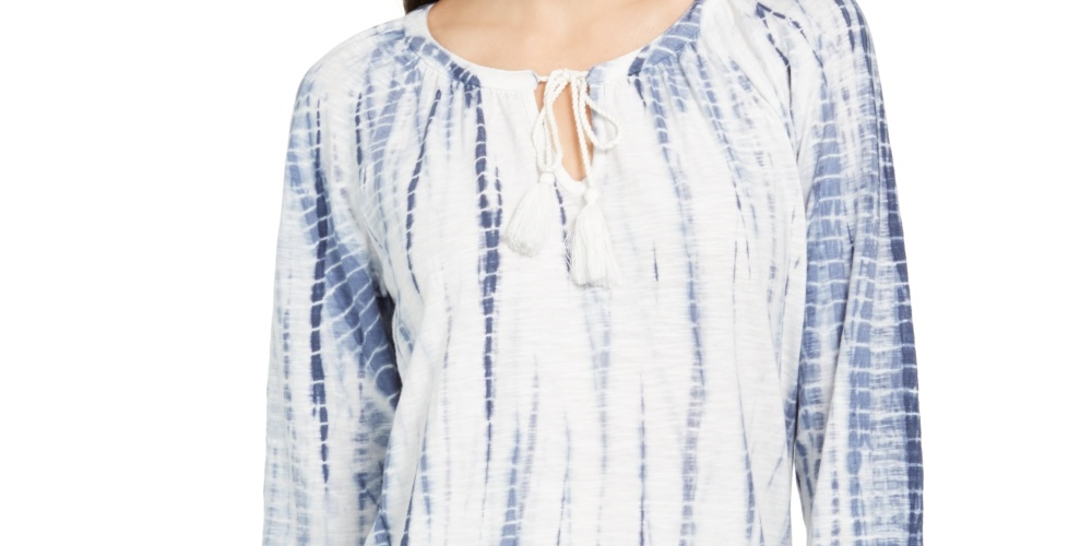 Style & Co Women's Tie-Dyed Bubble-Sleeve Peasant Top Blue Size X-Small