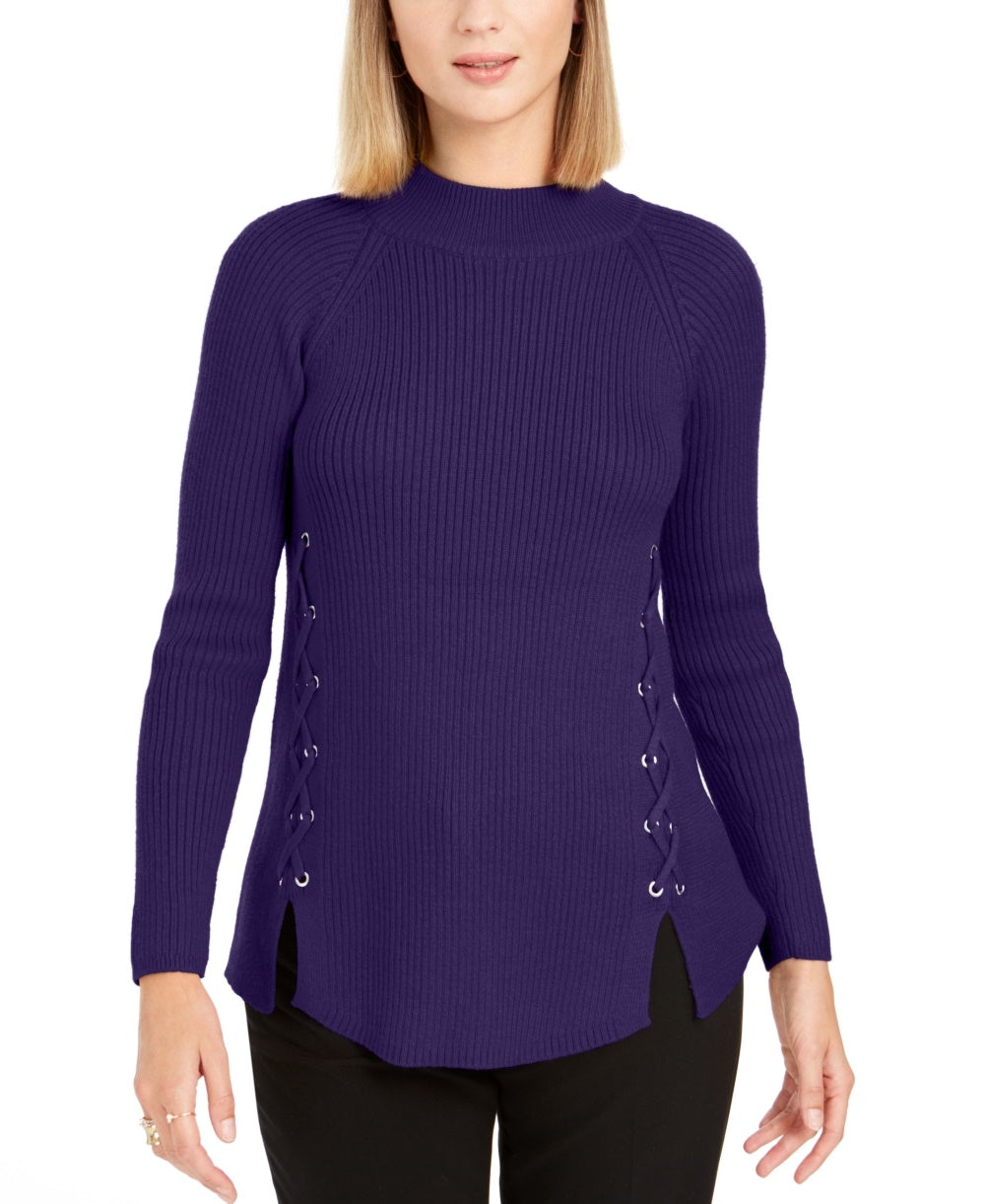 Style & Co Women's Mock Neck Lace-Up Ribbed Knit Sweater Purple Size XX-Large