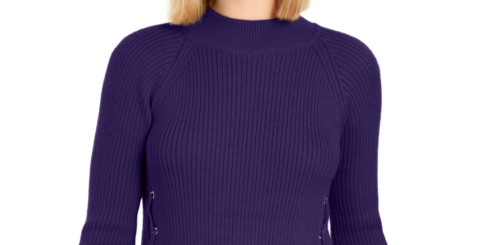 Style & Co Women's Mock Neck Lace-Up Ribbed Knit Sweater Purple Size XX-Large