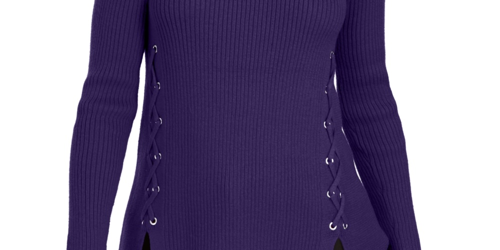 Style & Co Women's Mock Neck Lace-Up Ribbed Knit Sweater Purple Size XX-Large