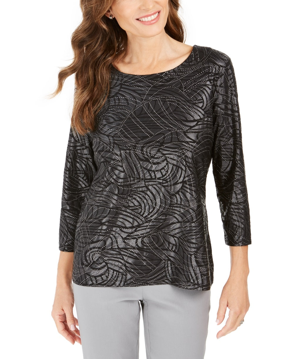 JM Collection Women's Petite Printed Metallic Jacquard Top Black PS