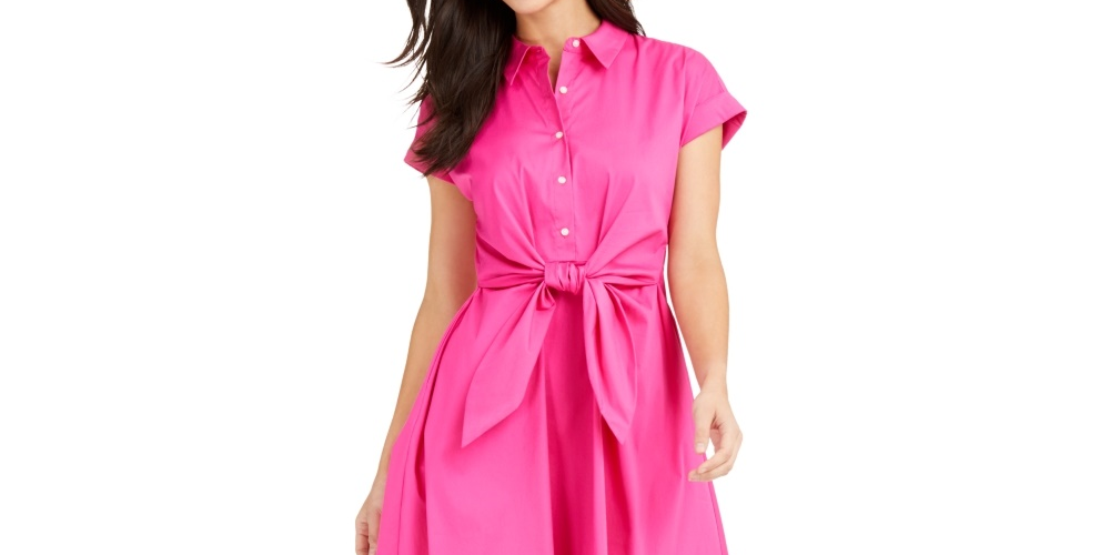 Charter Club Women's Cotton Tie Waist Fit & Flare Dress Pink Size 10