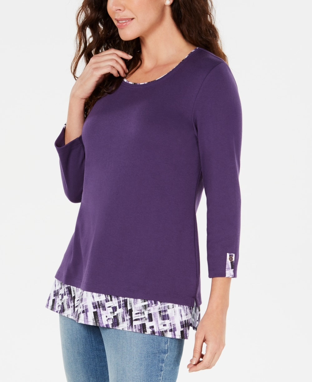 Karen Scott Women's Printed Trim Top Purple Size PL