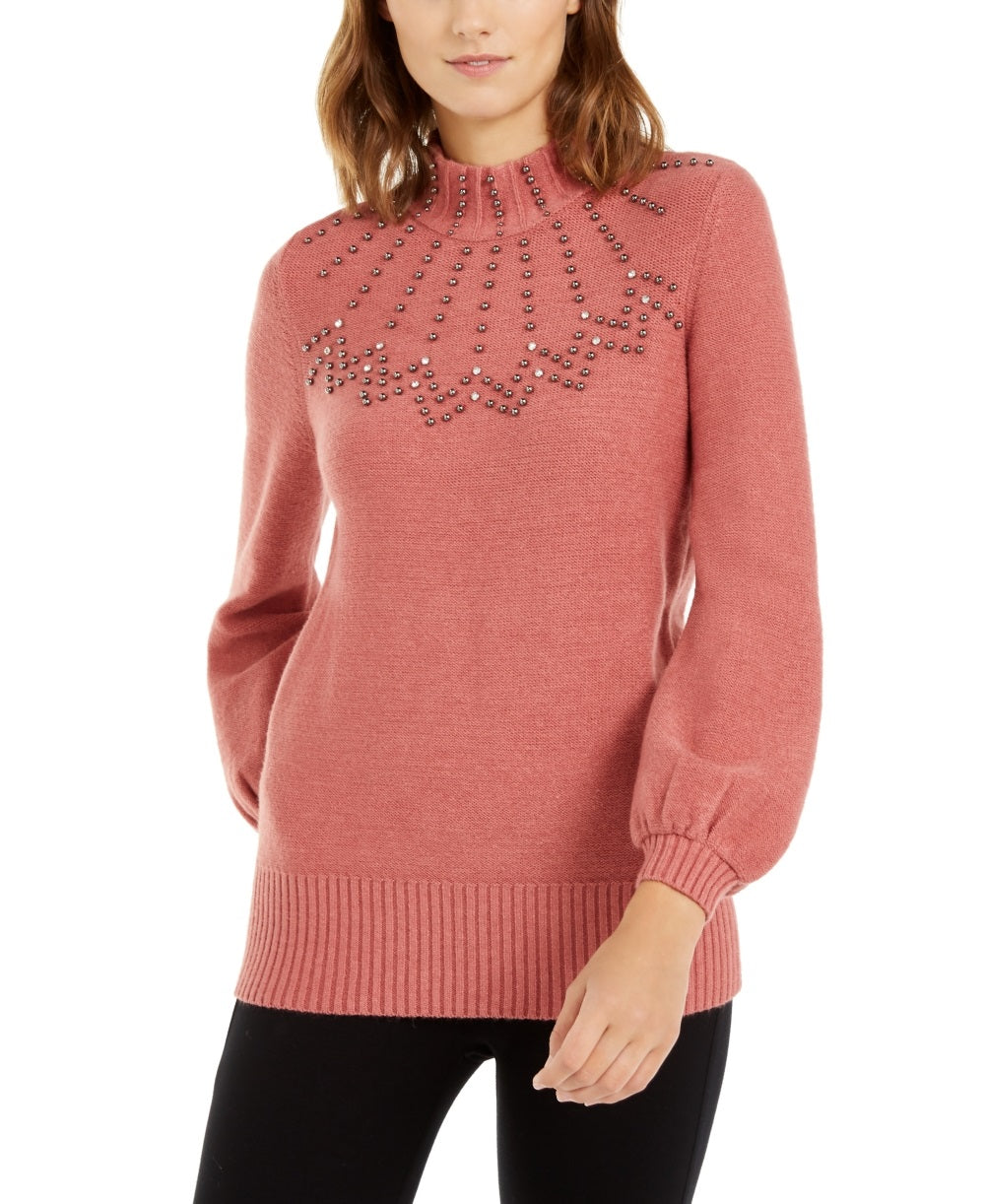 Alfani Women's Mock Neck Embellished Sweater Pink Size PS