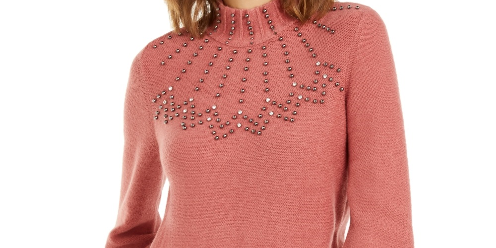 Alfani Women's Mock Neck Embellished Sweater Pink Size PS