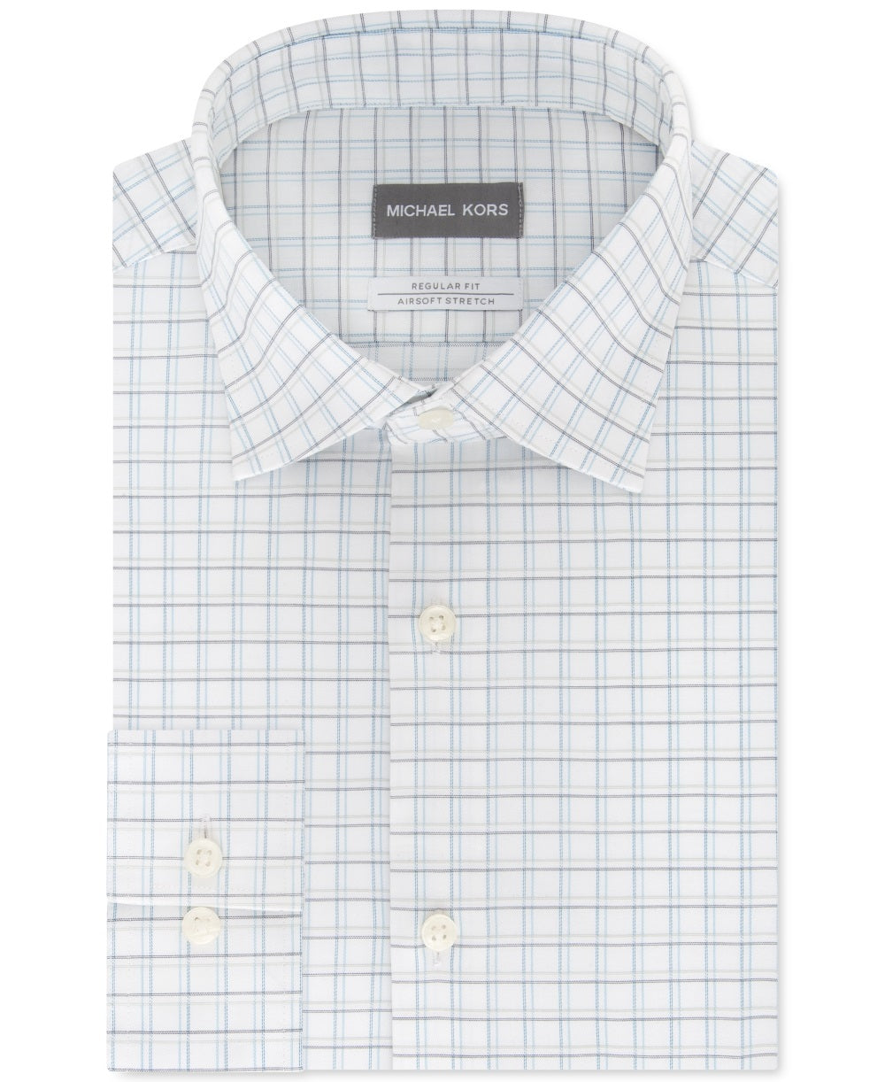 Michael Kors Men's Classic Regular Fit Non Iron Airsoft Performance Stretch Check Dress Shirt White Size 18.5X34-35