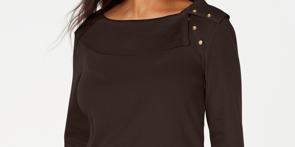 Karen Scott Women's Cotton Shawl-Collar Button Top Brown Size X-Small