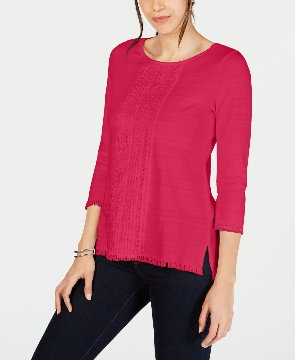 Charter Club Women's Petite Cotton Lace-Trim Top Red Size Petite