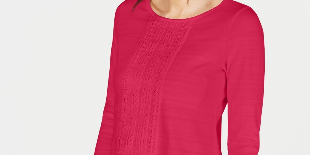 Charter Club Women's Petite Cotton Lace-Trim Top Red Size Petite