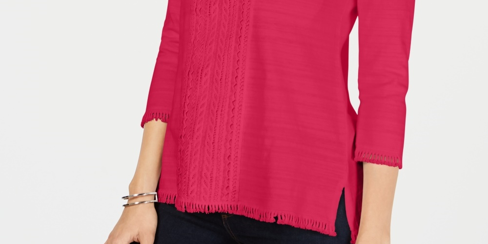 Charter Club Women's Petite Cotton Lace-Trim Top Red Size Petite