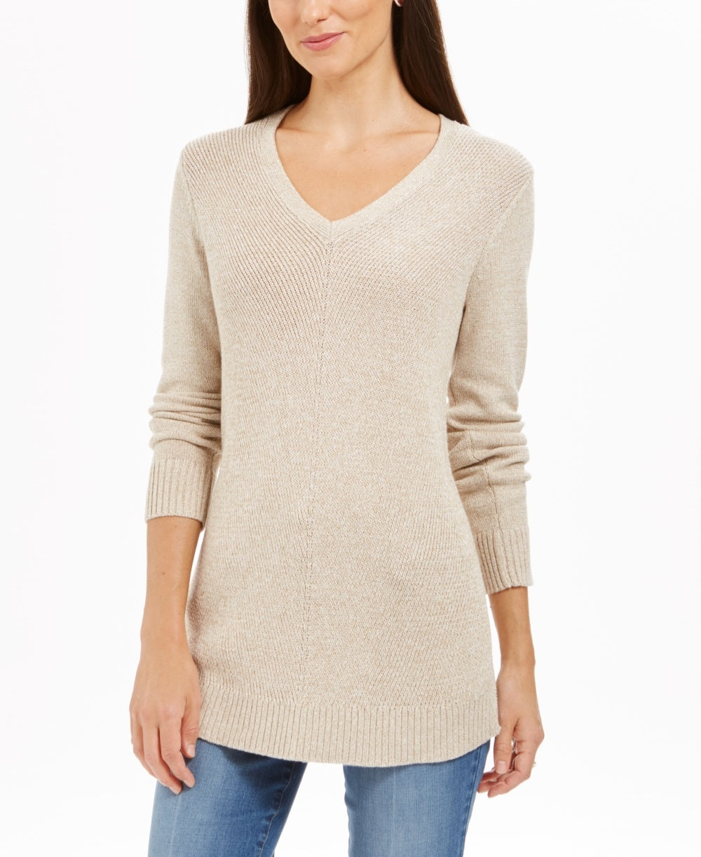 Charter Club Women's Marled V Neck Sweater Beige Size PL
