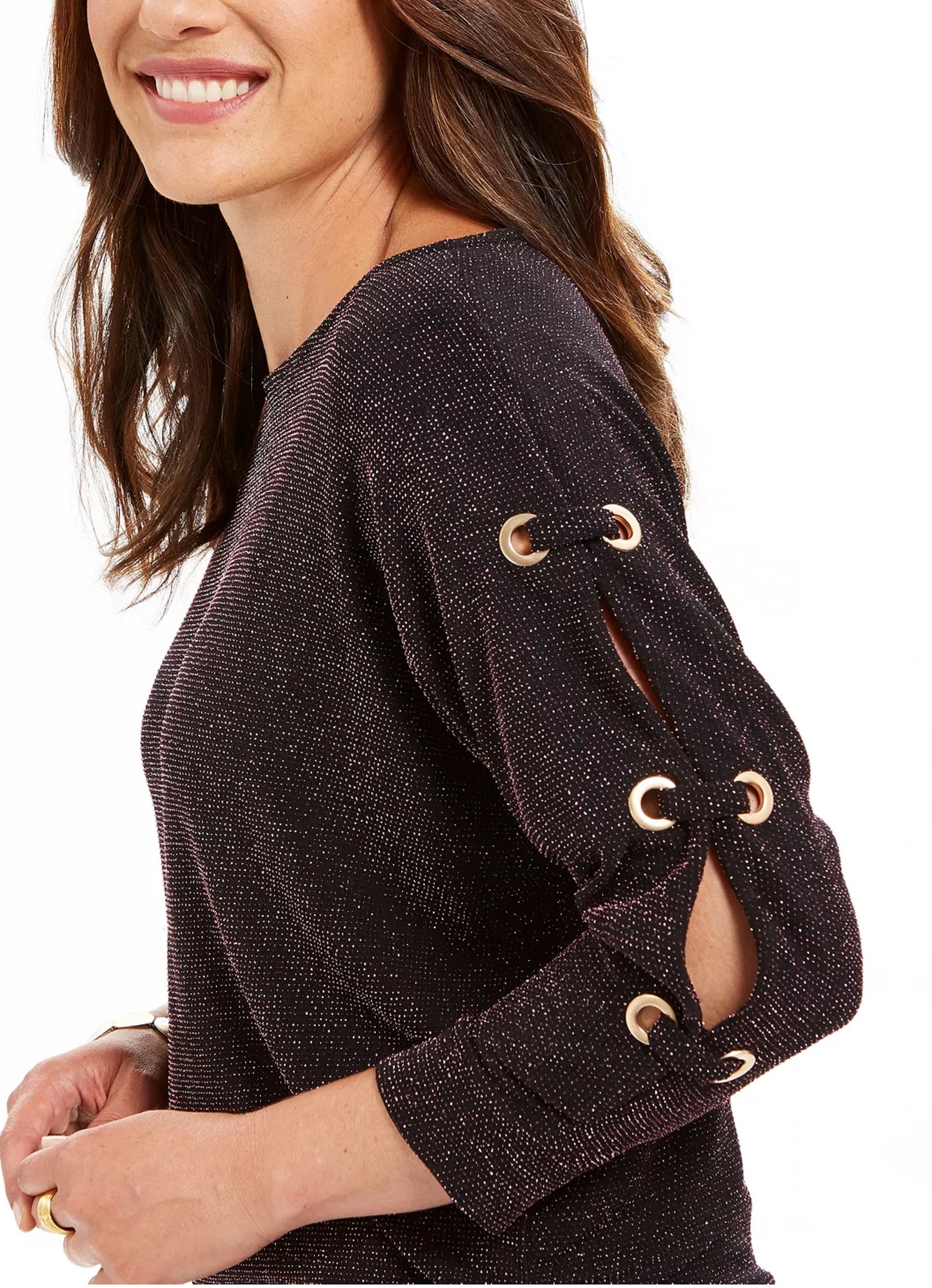 JM Collection Women's Split Sleeve Metallic Threaded Top Black Size Medium