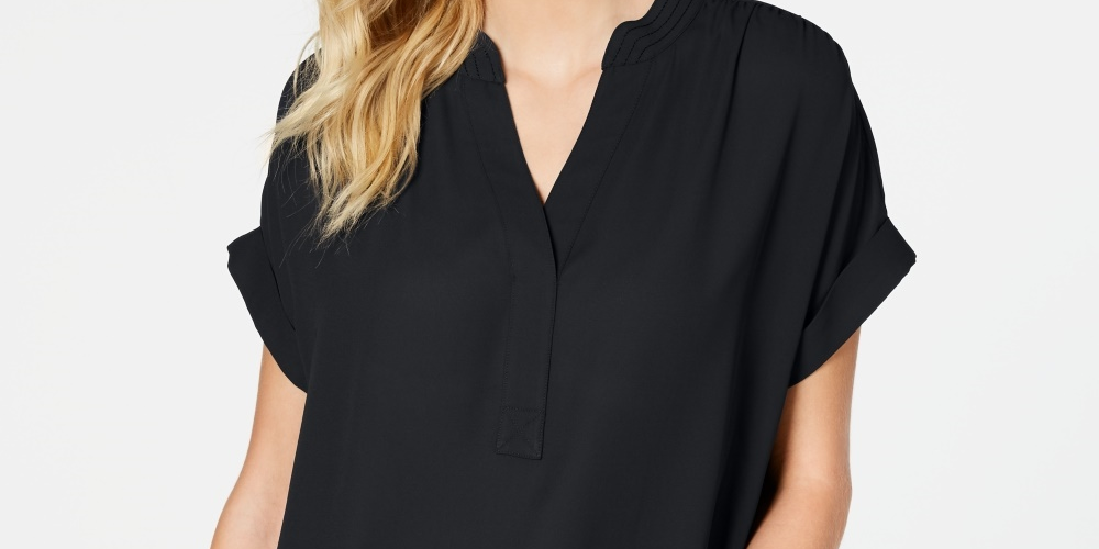 Charter Club Women's Split Neck Short Sleeve Top Black Size Petite Medium