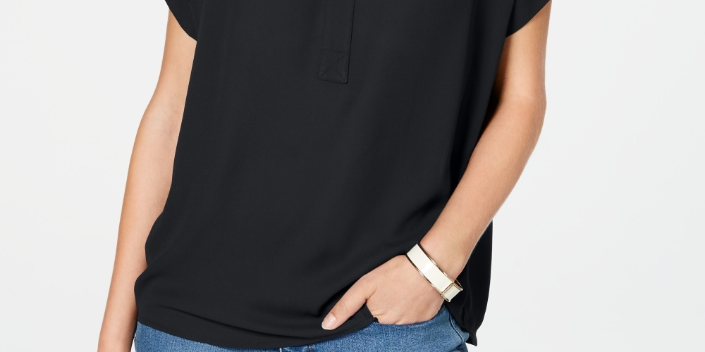 Charter Club Women's Split Neck Short Sleeve Top Black Size Petite Medium
