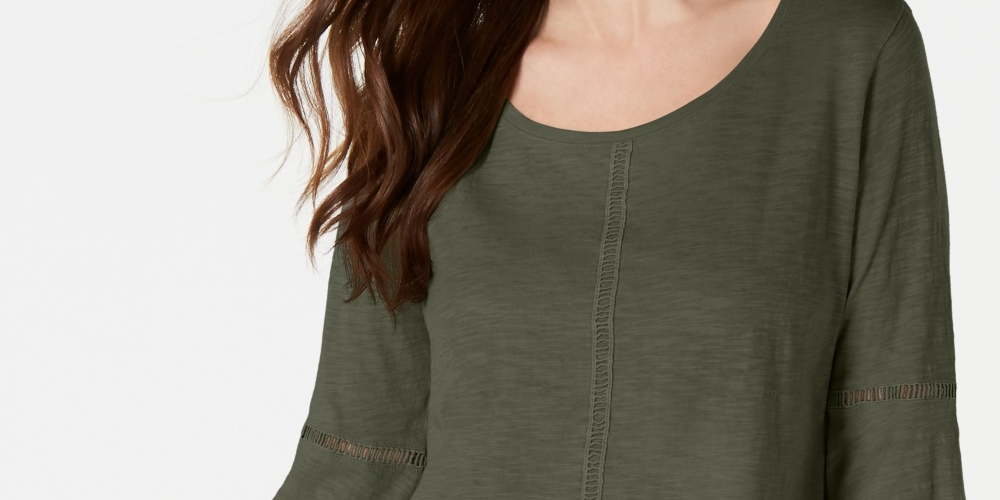 Style & Co Women's Petite Crochet-Trim Bell-Sleeve Top Green PS
