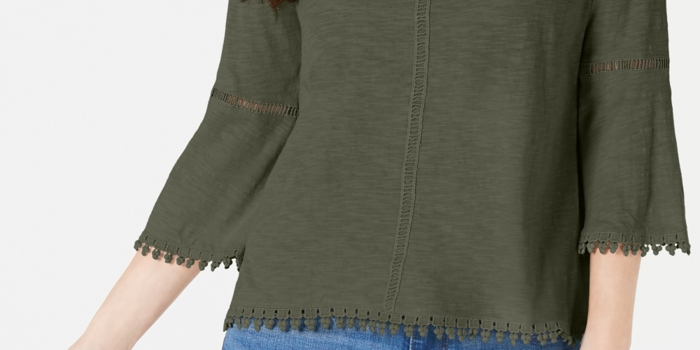 Style & Co Women's Petite Crochet-Trim Bell-Sleeve Top Green PS