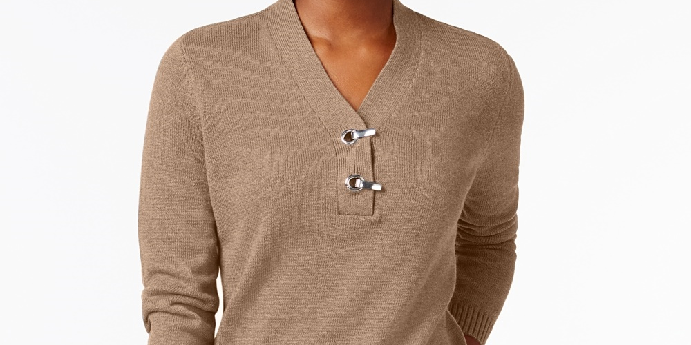 Karen Scott Women's Hardware V-Neck Cotton Sweater Brown Size X-Small