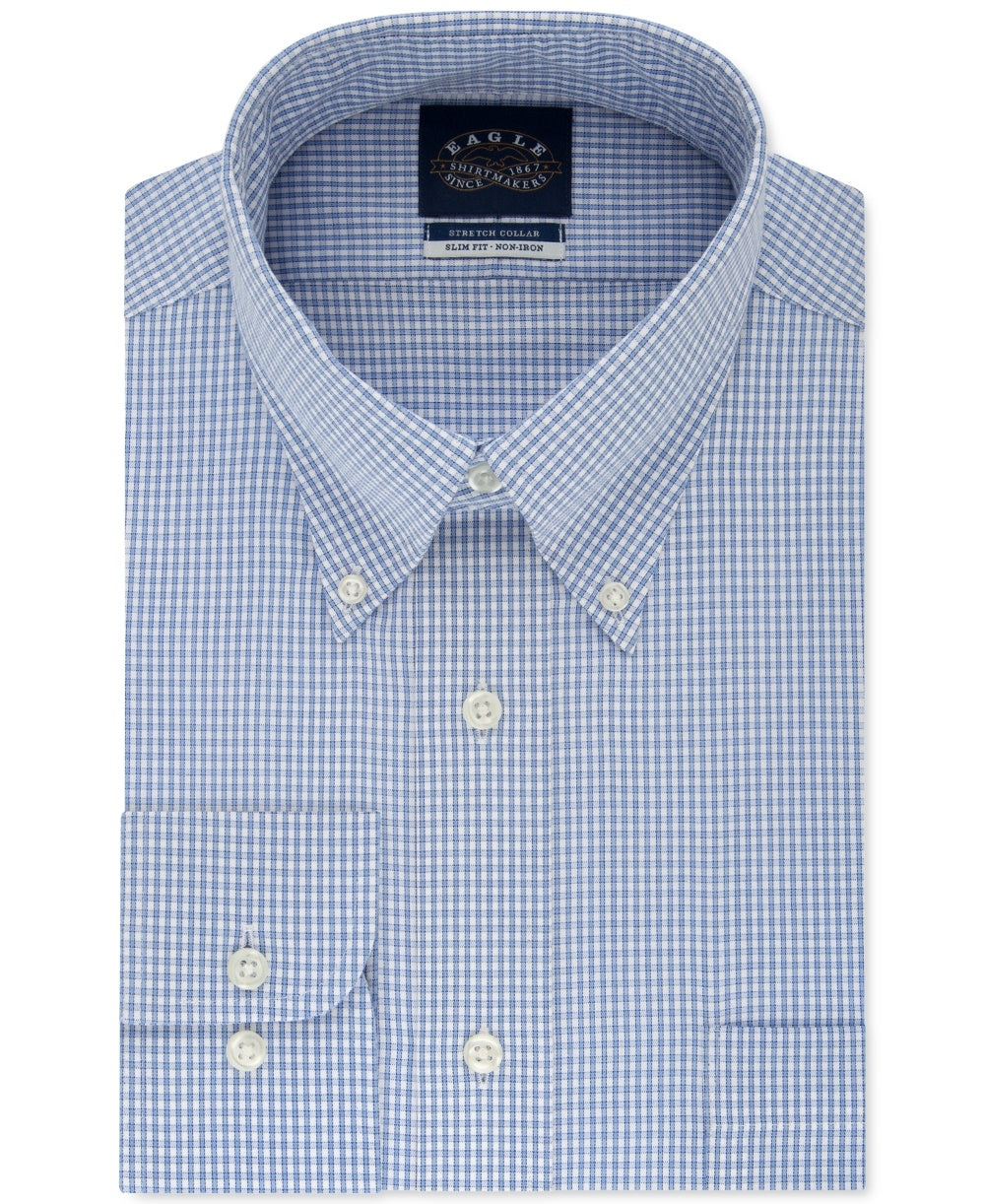 Eagle Men's Slim-Fit Non-Iron Flex Collar Check Dress Shirt Blue 18x36-37 2XL