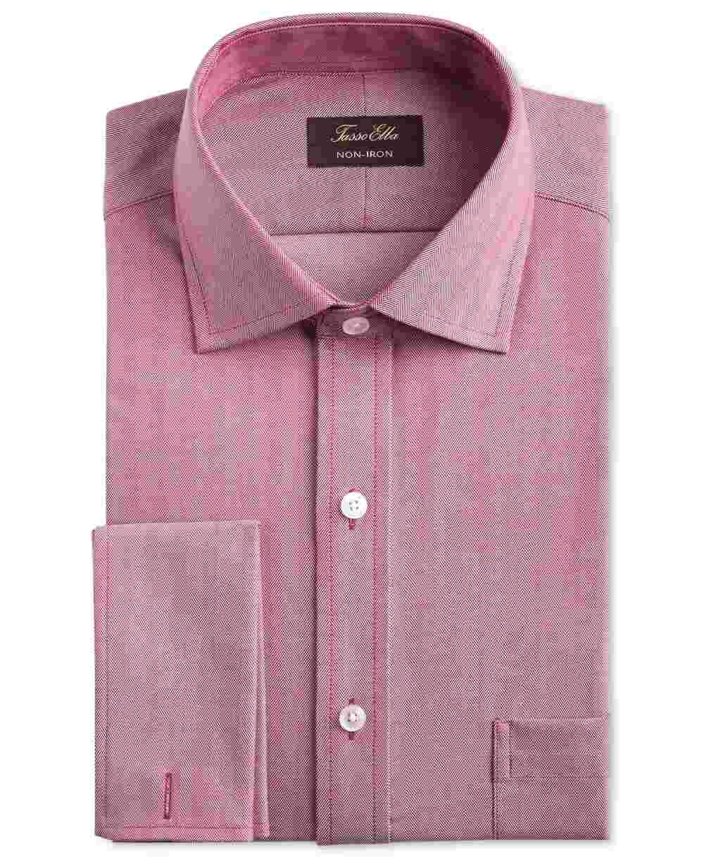 Tasso Elba Men's Men's Classic/Regular-Fit Non-Iron Supima Cotton Herringbone Solid French Cuff Dress Shirt Red Size 32-33