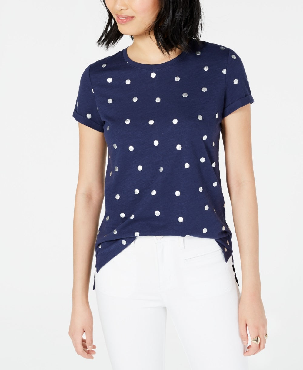 Maison Jules Women's Metallic Polka Dot T-Shirt Blue Size Small
