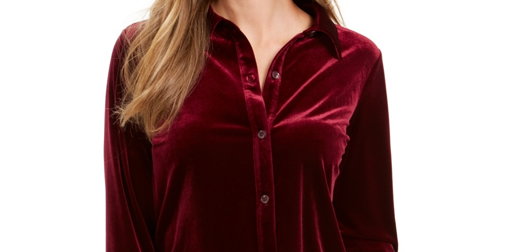 Charter Club Women's Button Down Velvet Shirt Wine Size X-Small