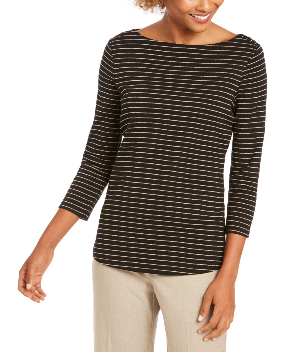Charter Club Women's Lurex Striped Boatneck Top Black Size PL