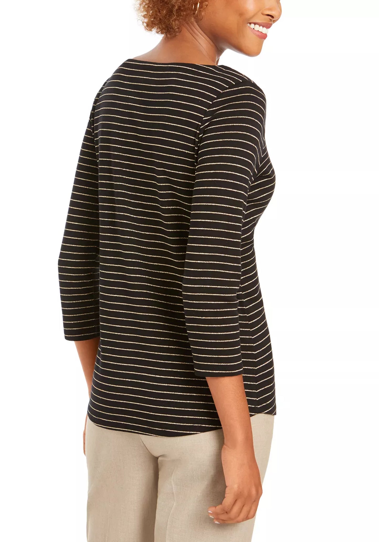 Charter Club Women's Lurex Striped Boatneck Top Black Size PL