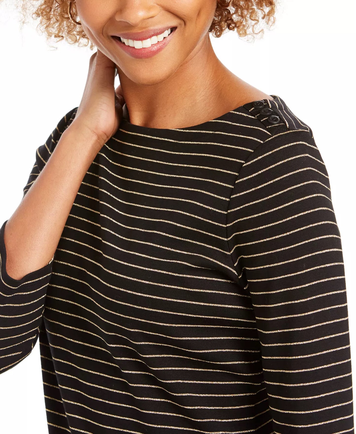 Charter Club Women's Lurex Striped Boatneck Top Black Size PL