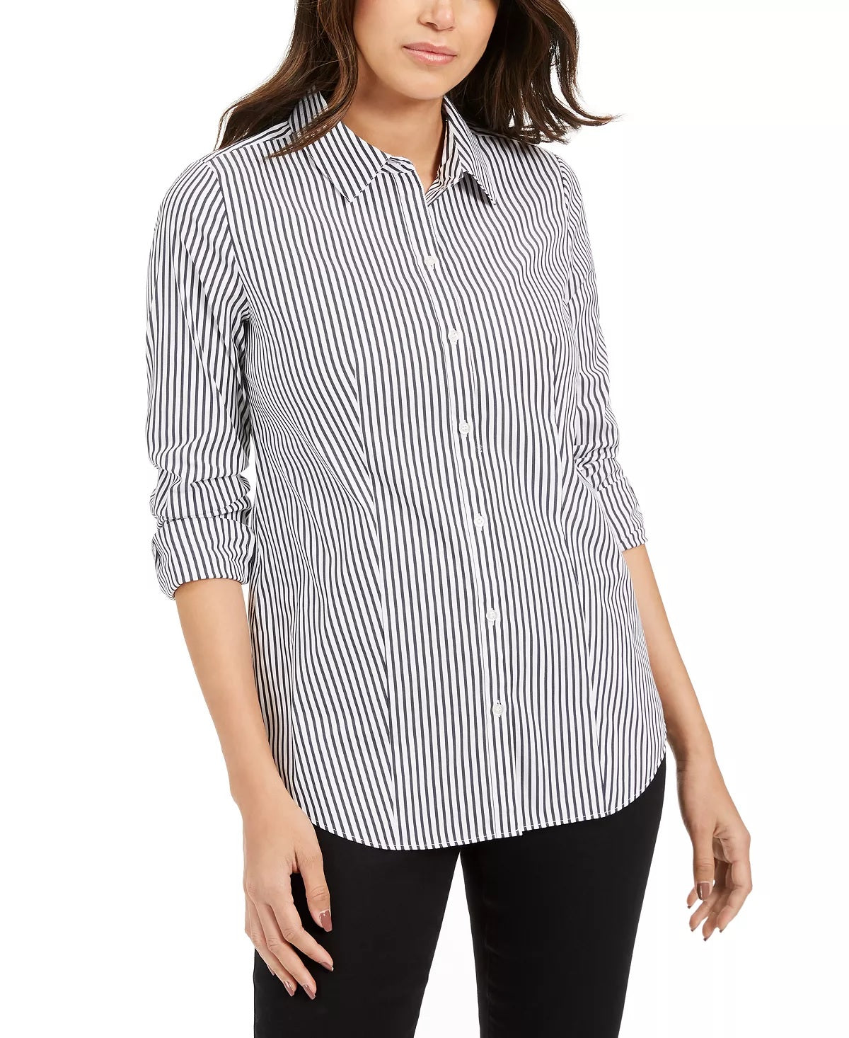 Charter Club Women's Striped Cuffed Collared Button Up Wear To Work Top White Size 12