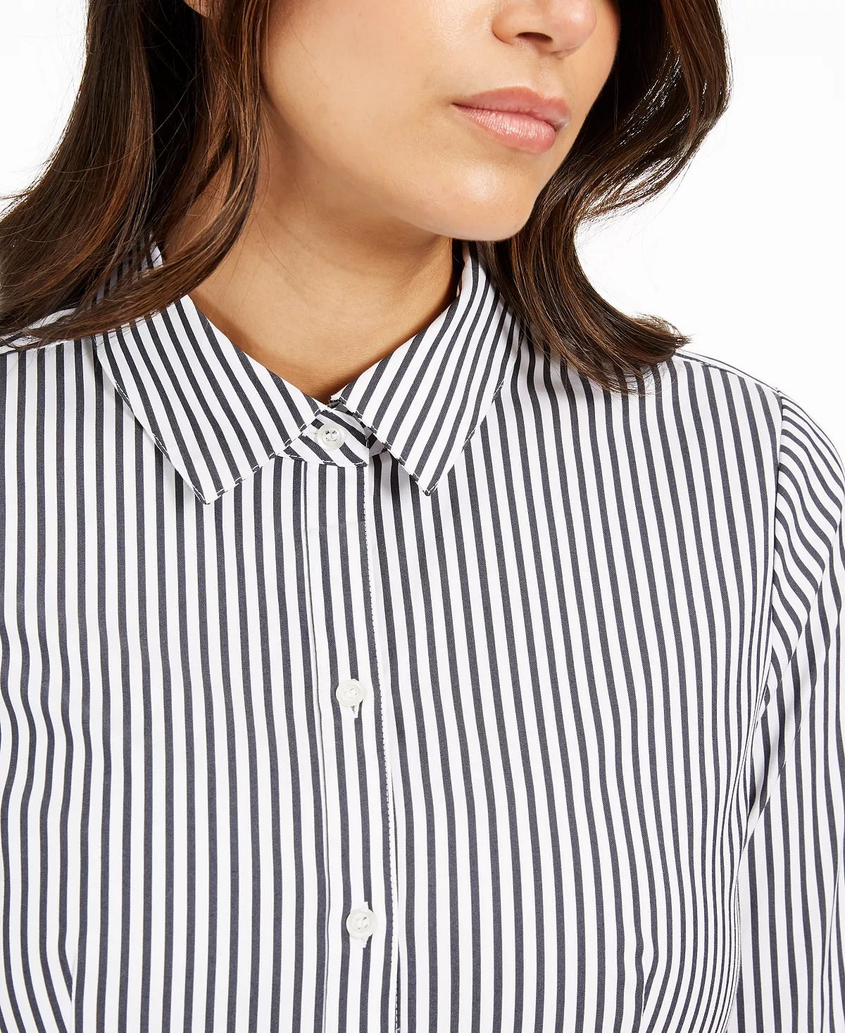 Charter Club Women's Striped Cuffed Collared Button Up Wear To Work Top White Size 12