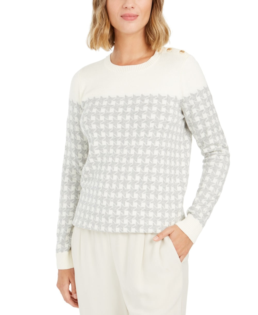 Charter Club Women's Petite Houndstooth Button-Shoulder Sweater Gray Size Petite