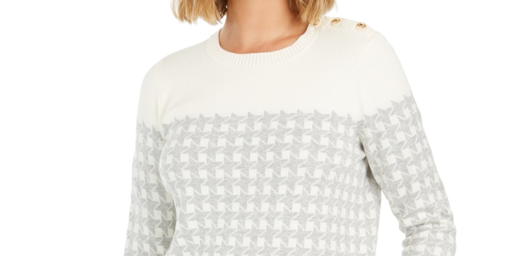 Charter Club Women's Petite Houndstooth Button-Shoulder Sweater Gray Size Petite