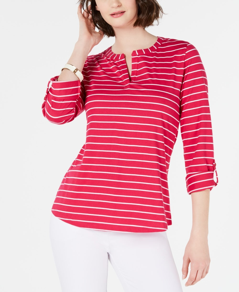 Charter Club Women's Petite Striped Split-Neck Top Pink Size Petite