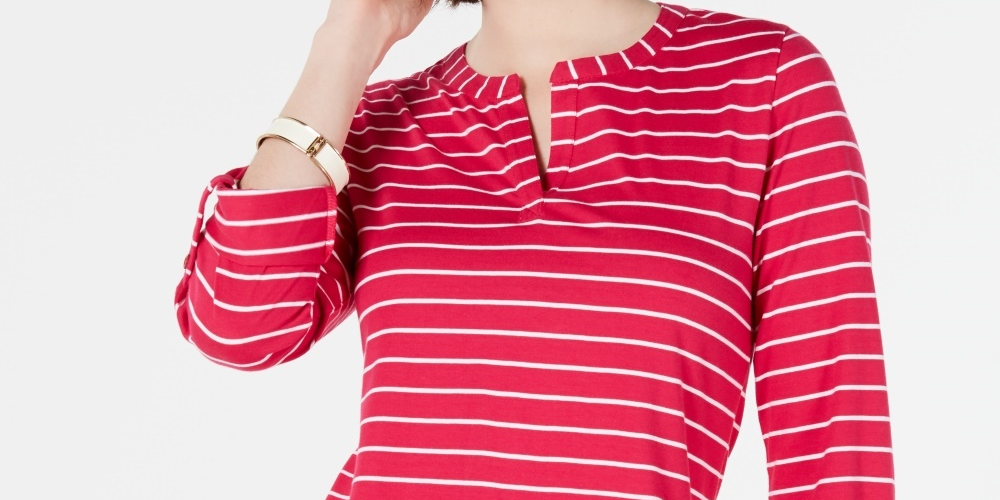 Charter Club Women's Petite Striped Split-Neck Top Pink Size Petite
