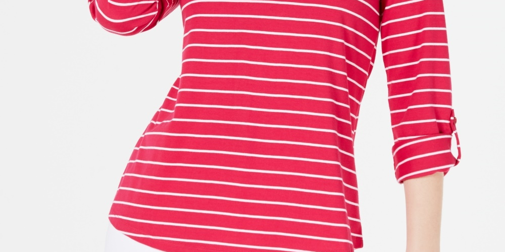 Charter Club Women's Petite Striped Split-Neck Top Pink Size Petite