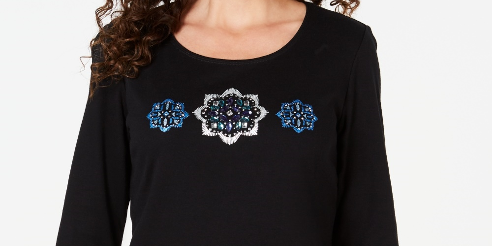 Karen Scott Women's Petite Rhinestone-Embellished Cotton Top Black Size Petite