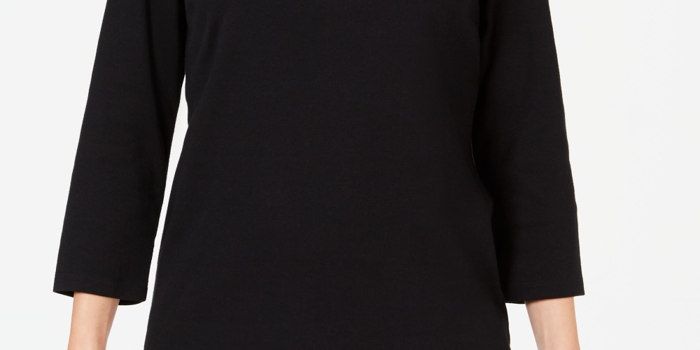 Karen Scott Women's Petite Rhinestone-Embellished Cotton Top Black Size Petite