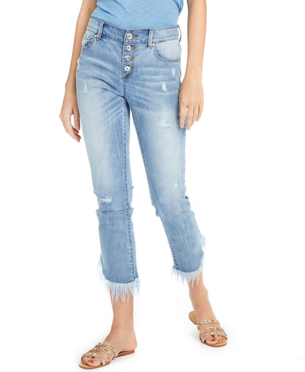 INC International Concepts Women's Fringe Hem Button Front Straight Leg Jeans Blue Size 16