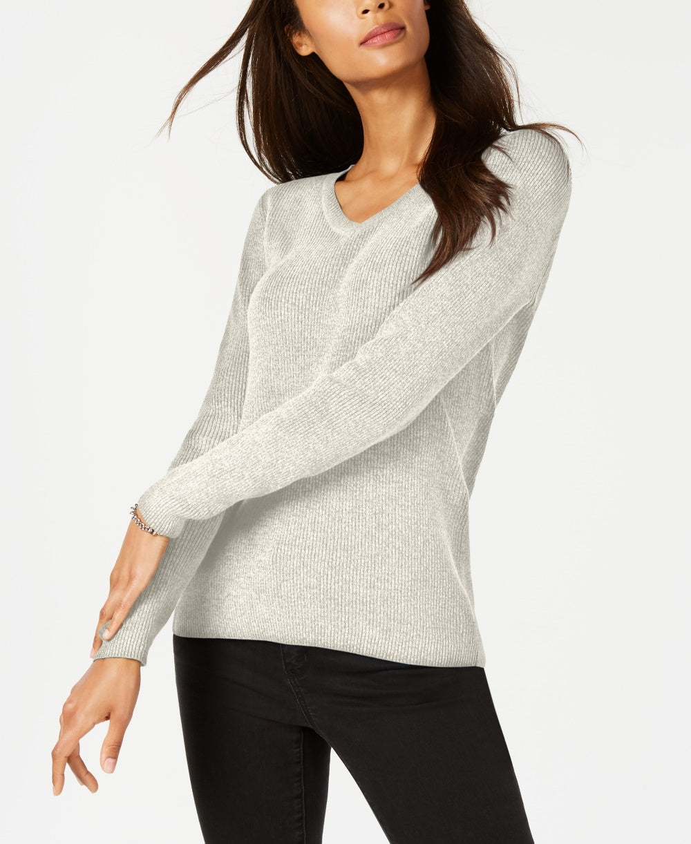 Karen Scott Women's Ribbed V-Neck Sweater  Beige Size Medium