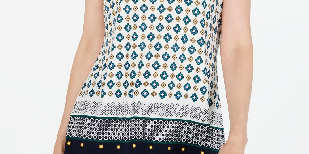 Charter Club Women's Printed Keyhole Neck Top White Size X-Small