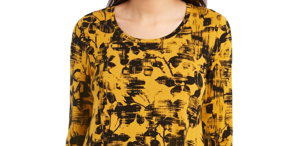 JM Collection Women's Printed Scoop-Neck Top Yellow Size Medium