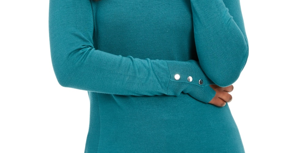 JM Collection Women's Button Cuff Crewneck Sweater Green Size Petite Small