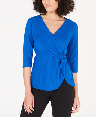 Alfani Women's Petite Twist-Side Faux-Wrap Top Blue PS