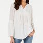 Style & Co Women's Lace Split-Neck Tassel Top  Natural Size Small