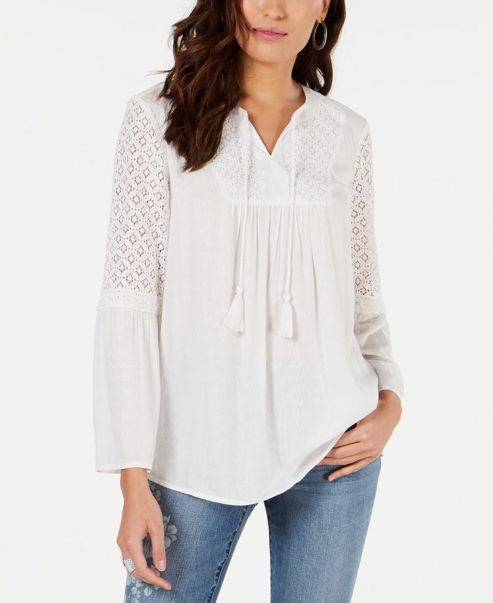 Style & Co Women's Lace Split-Neck Tassel Top  Natural Size Small