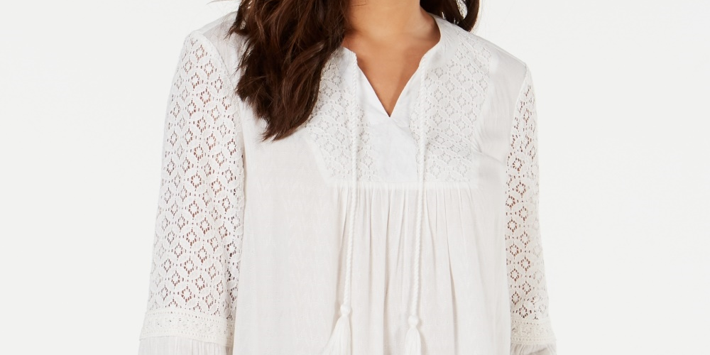 Style & Co Women's Lace Split-Neck Tassel Top  Natural Size Small