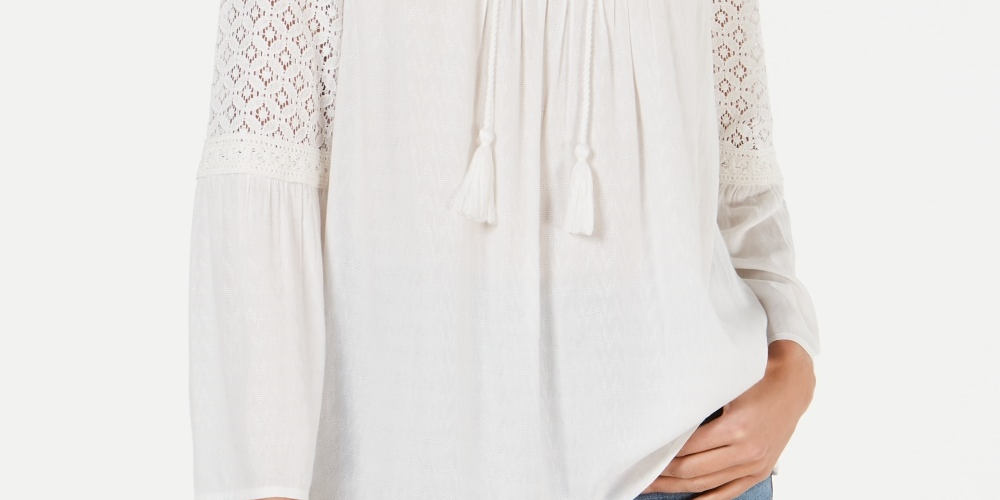 Style & Co Women's Lace Split-Neck Tassel Top  Natural Size Small